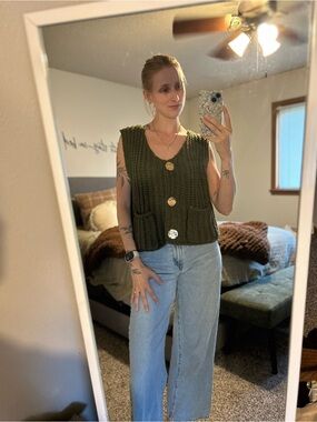 Chunky Olive Green Knit Vest with Gold Buttons